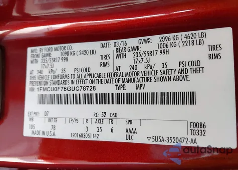 2016 Ford Escape S from USA, damaged, VIN 1FMCU0F76GUC78728